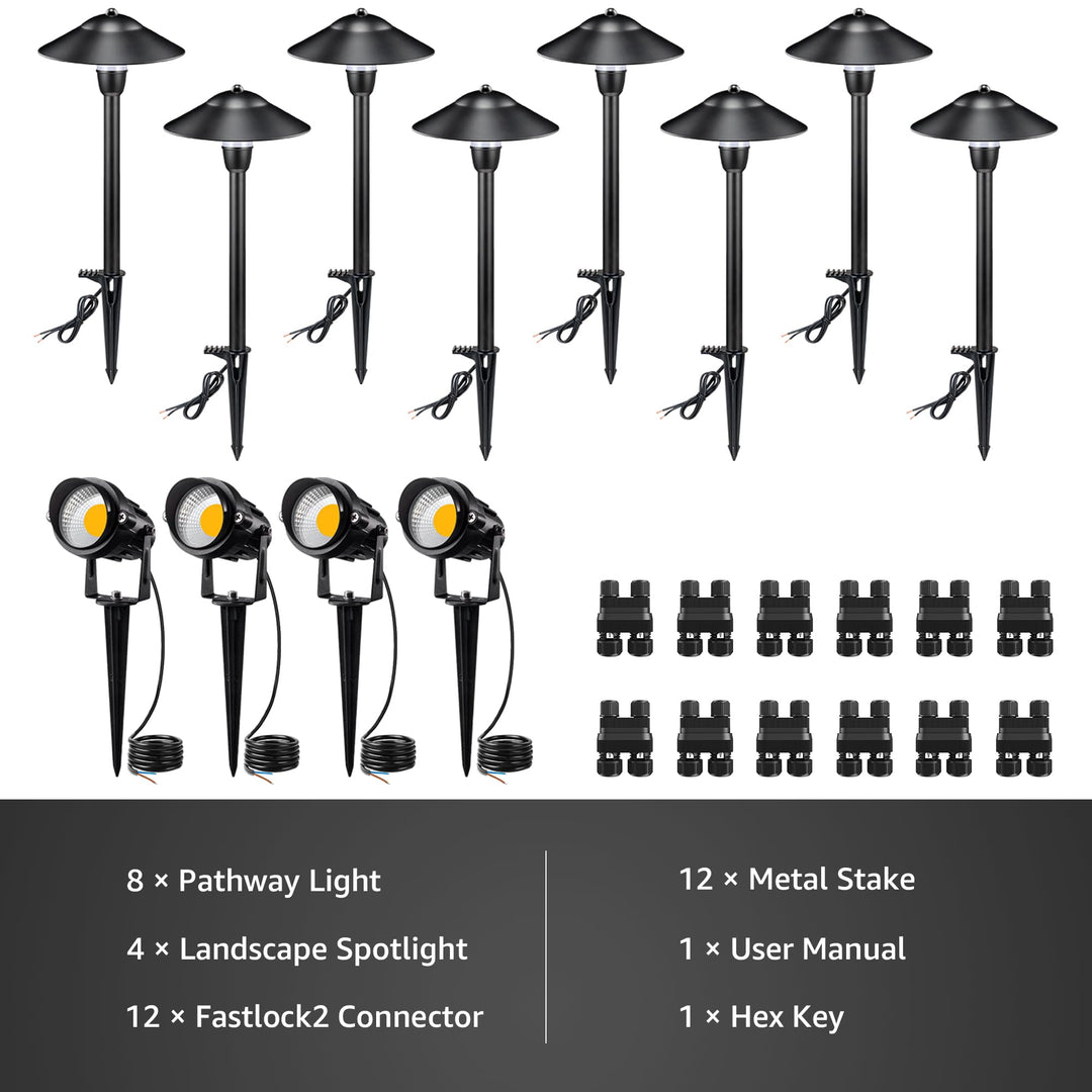 SUNVIE LED Low Voltage Landscape Lighting 12V Landscape Lighting Kit with Connectors, Low Voltage Pathway Lights with Spotlights Aluminum Pathway Lights Wired Waterproof for Patio Yard Garden, 12 Pack