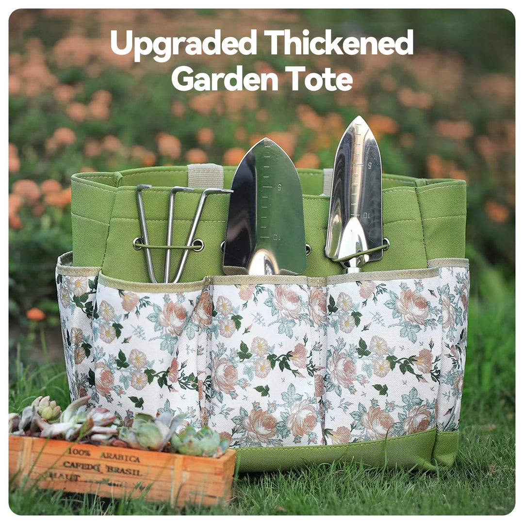 Gardening Tools 9-Piece Heavy Duty Garden Hand Tools with Fashion and Durable Garden Tools Organizer Handbag, Rust-Proof Garden Tool Set, Ideal Gardening Gifts for Women